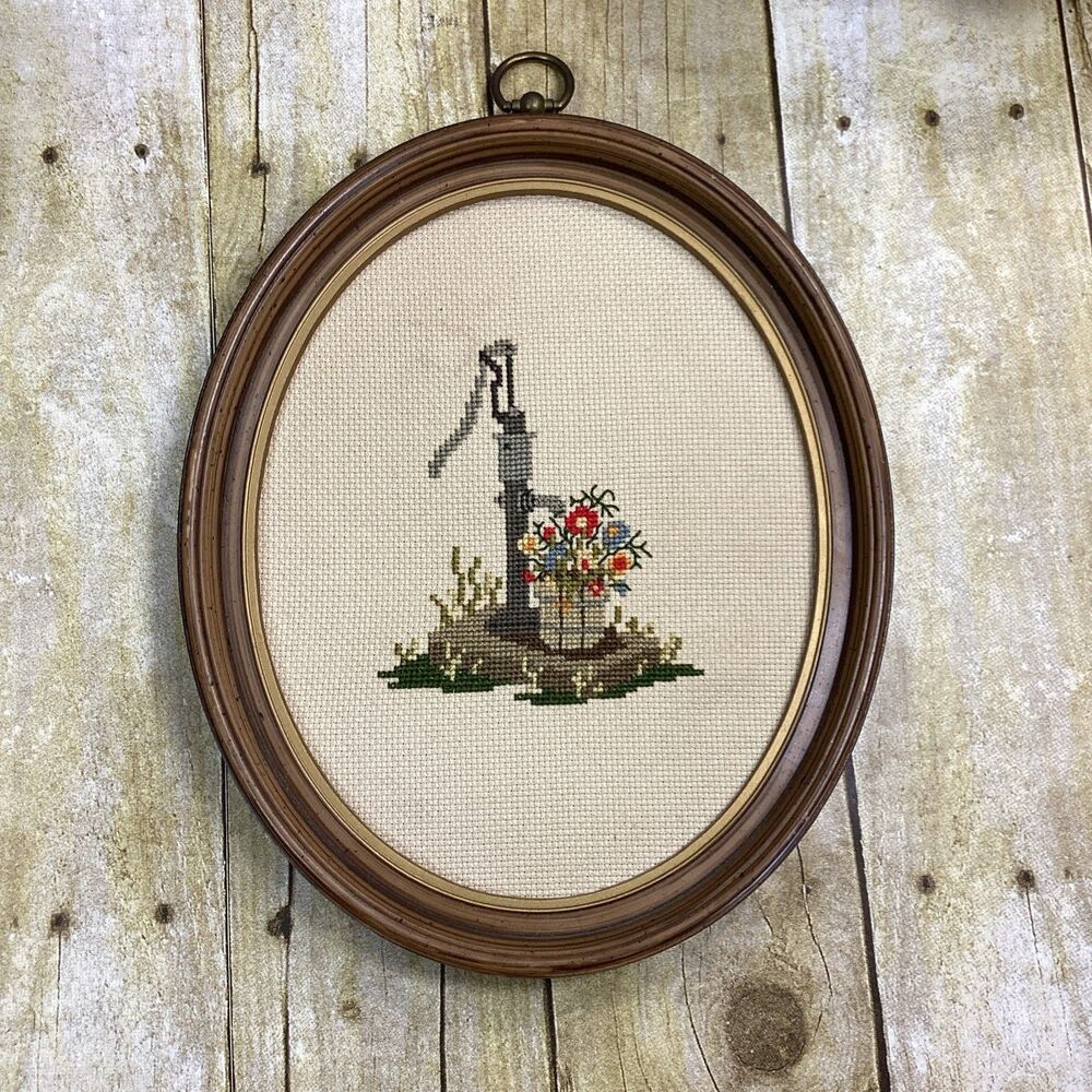 Vintage Wood Framed Cross Stitch Water Well Flower Basket Wall Decor Cottagecore